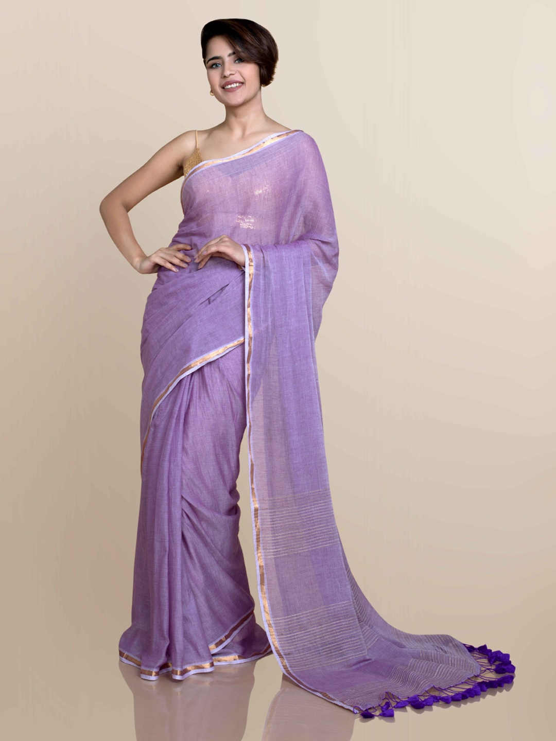 

Suta Women Lavender Mul Cotton With Zari Border And Ghicha Pallu