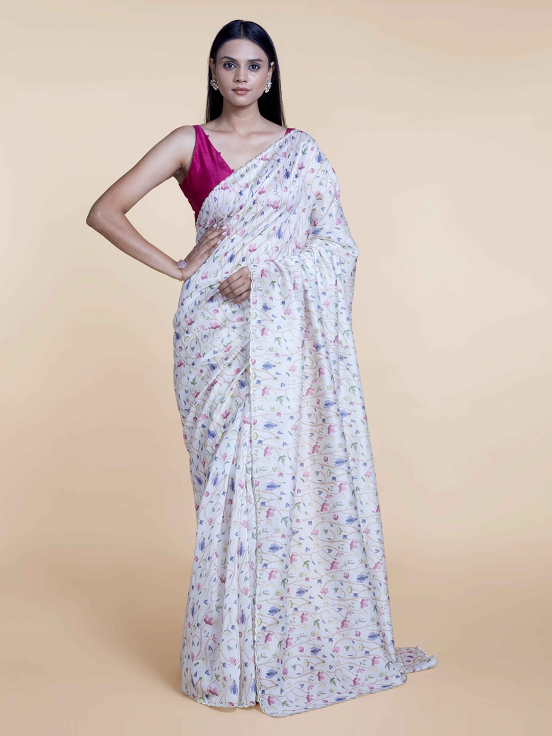 

Suta White & Pink Floral Pure Silk Saree