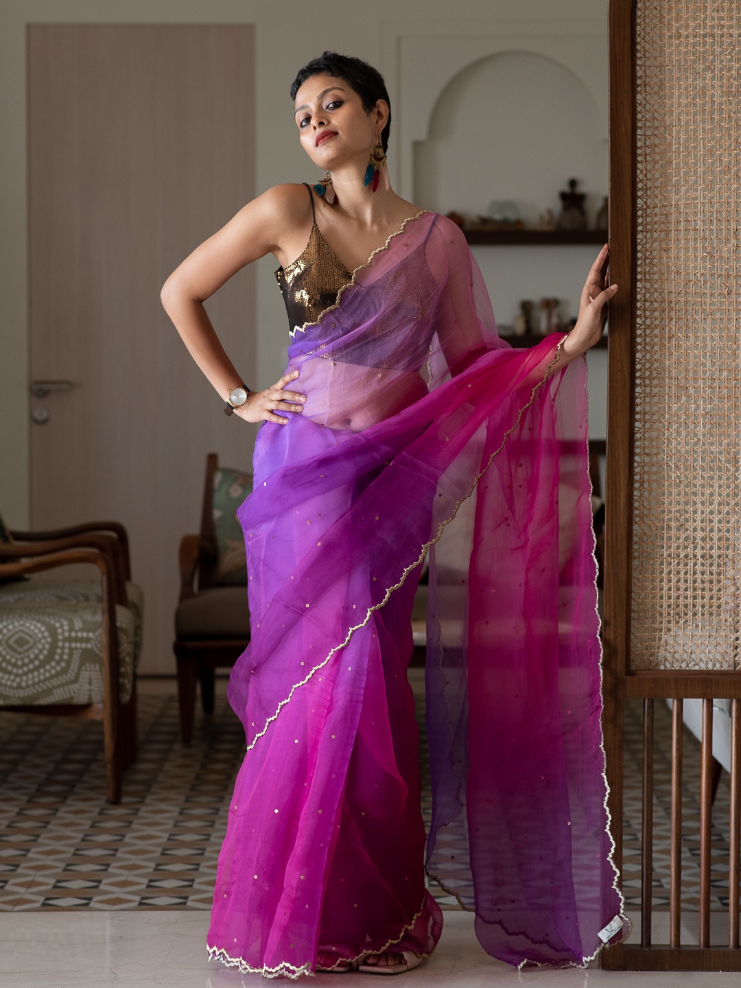 

Suta Women Purple-Pink Organza Handcrafted Metal Sequine Ombre Saree