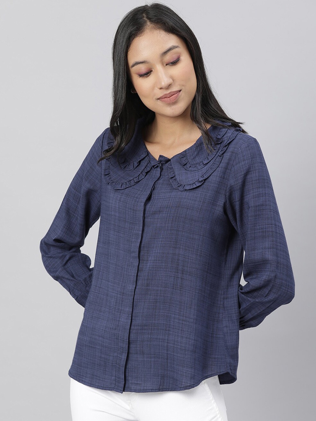 

RAREISM Blue Solid Peter Pan Collar Shirt Style Top