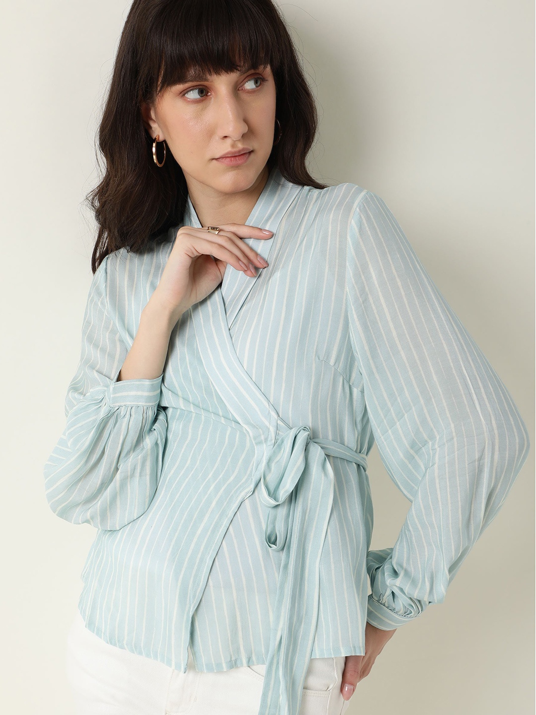 

RAREISM Blue & White Striped Semi Sheer Wrap Top