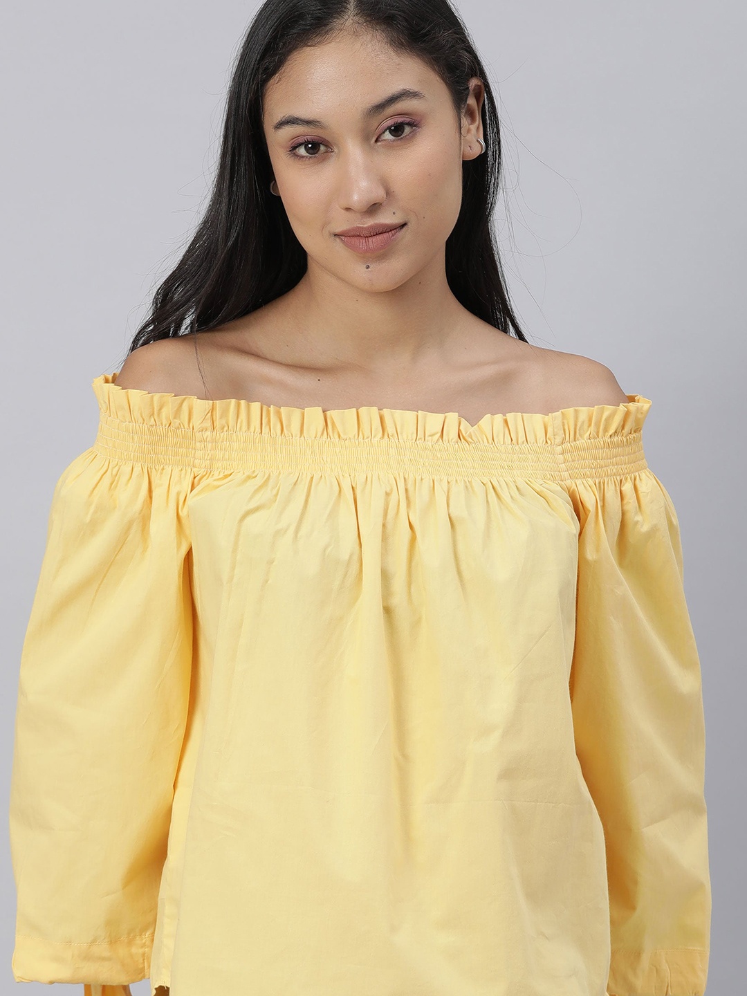 

RAREISM Yellow Off-Shoulder Pure Cotton Bardot Top