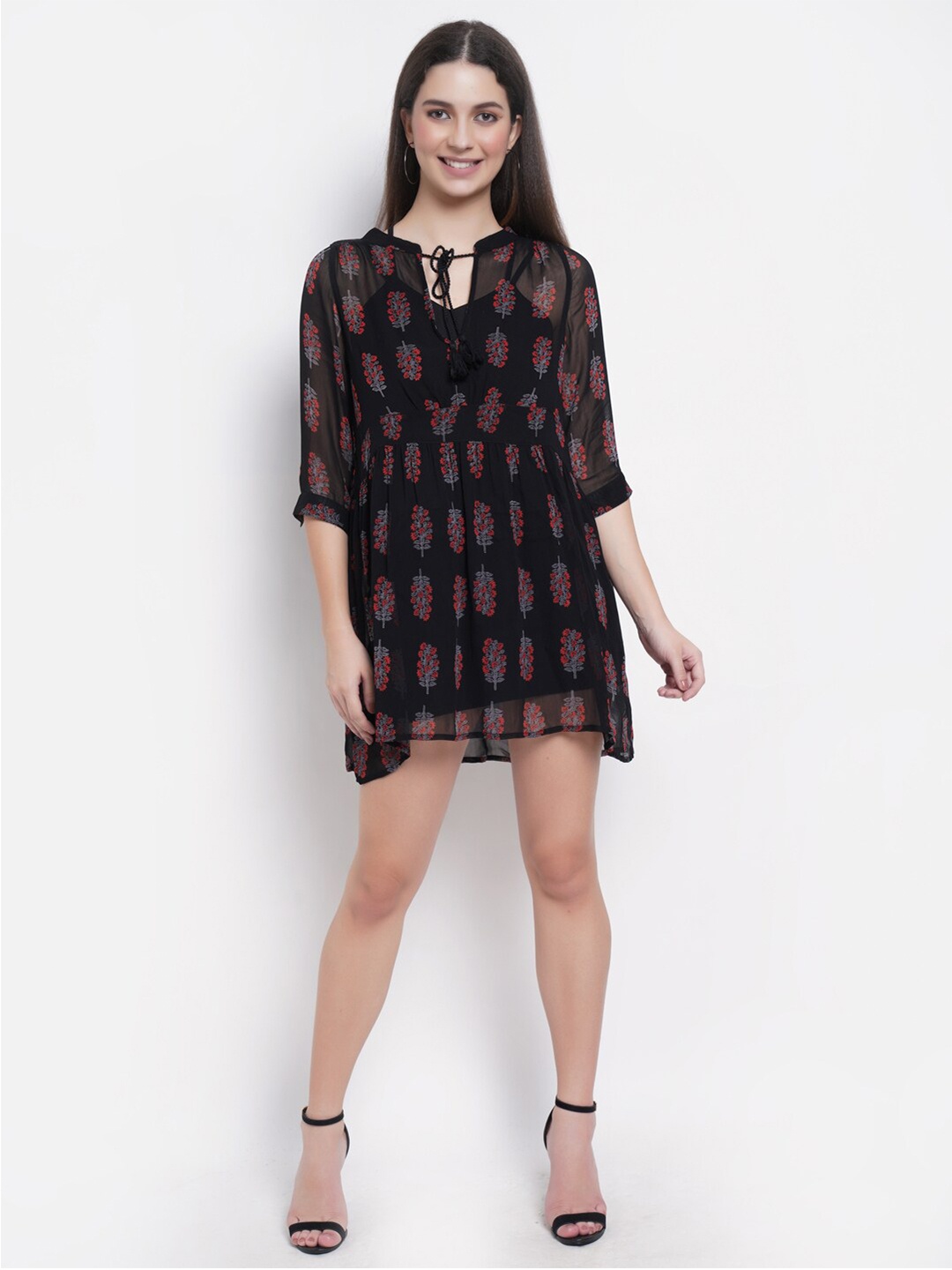 

WESTCLO Black Tie-Up Neck Georgette Mini Dress