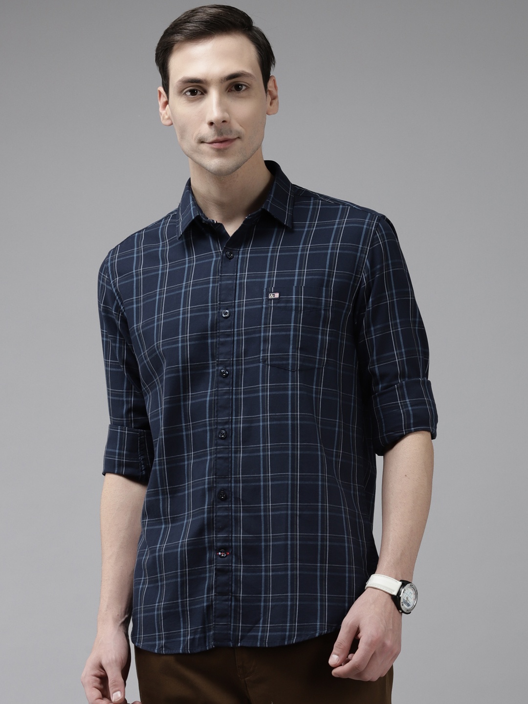 

Arrow Men Navy Blue Pure Cotton Slim Fit Checked Casual Shirt