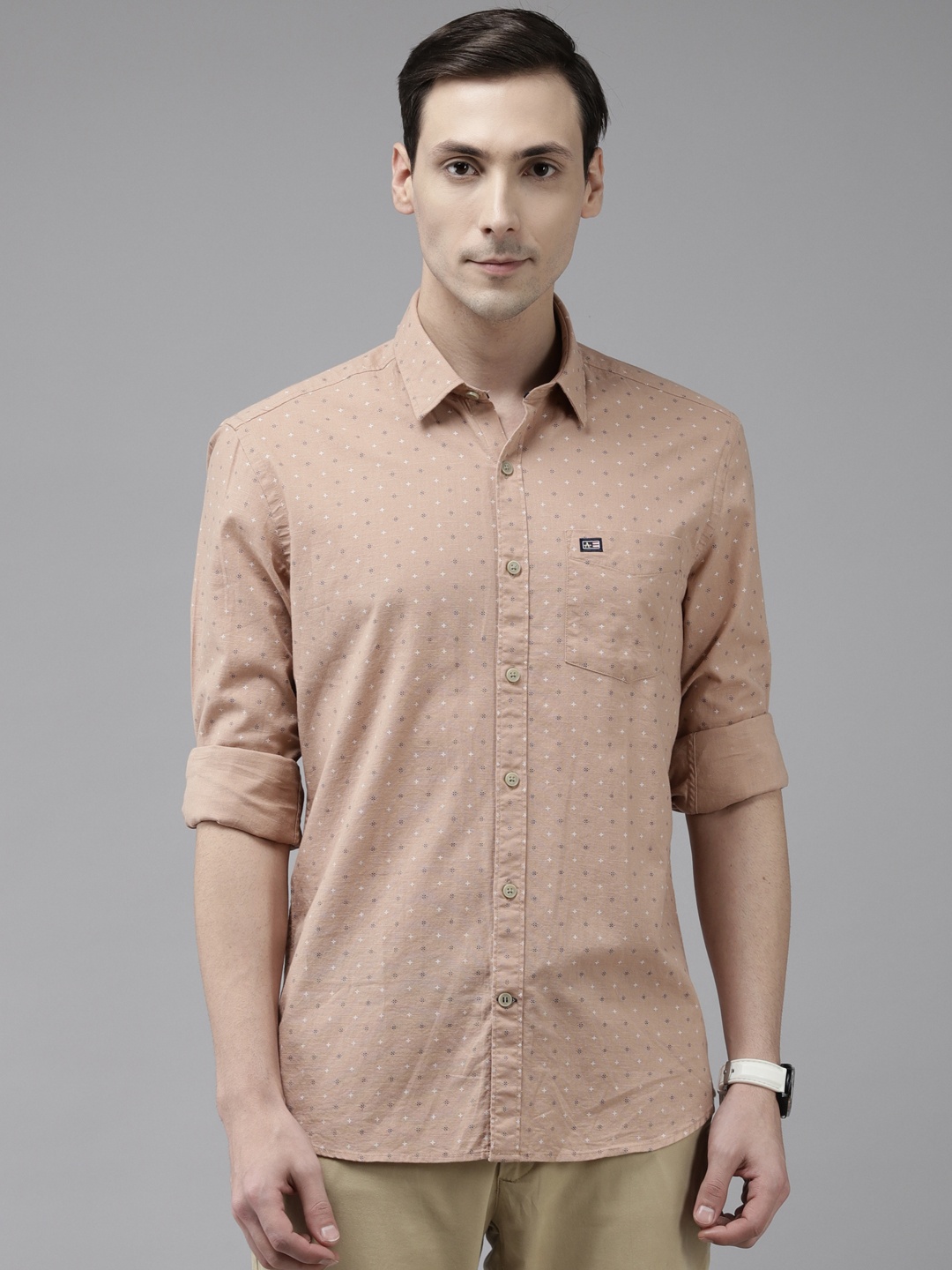 

Arrow Men Peach-Coloured Pure Cotton Slim Fit Printed Casual Shirt