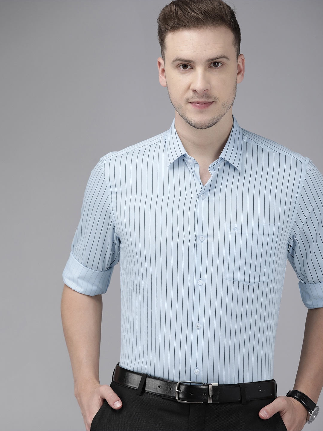 

Arrow Men Light Blue Slim Fit Striped Pure Cotton Formal Shirt