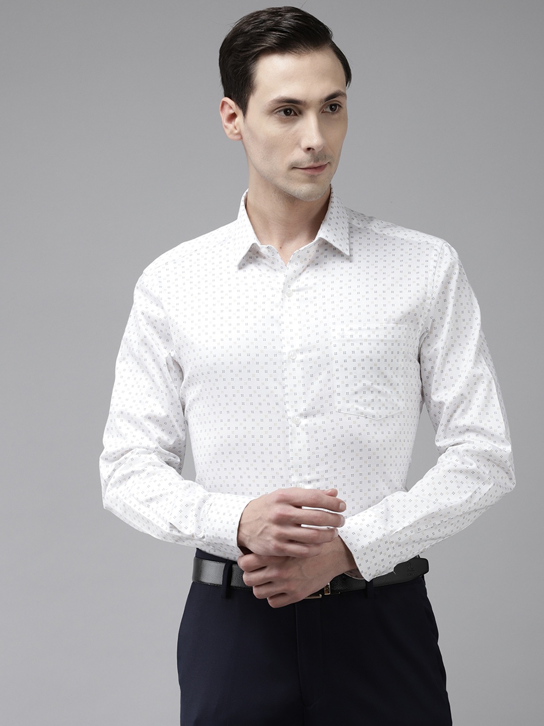 

Arrow Men White & Mustard Pure Cotton Slim Fit Geometric Print Formal Shirt