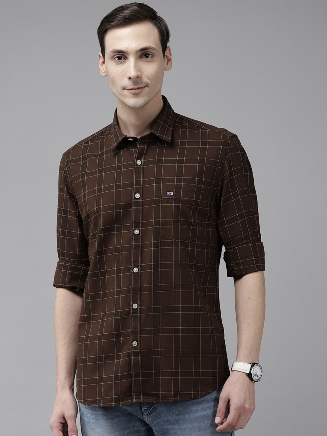 

Arrow Men Brown & Beige Pure Cotton Slim Fit Windowpane Checked Casual Shirt