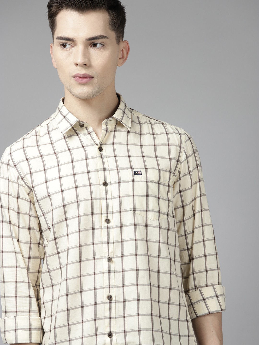 

Arrow Men Beige & Brown Cotton Slim Fit Windowpane Checked Casual Shirt