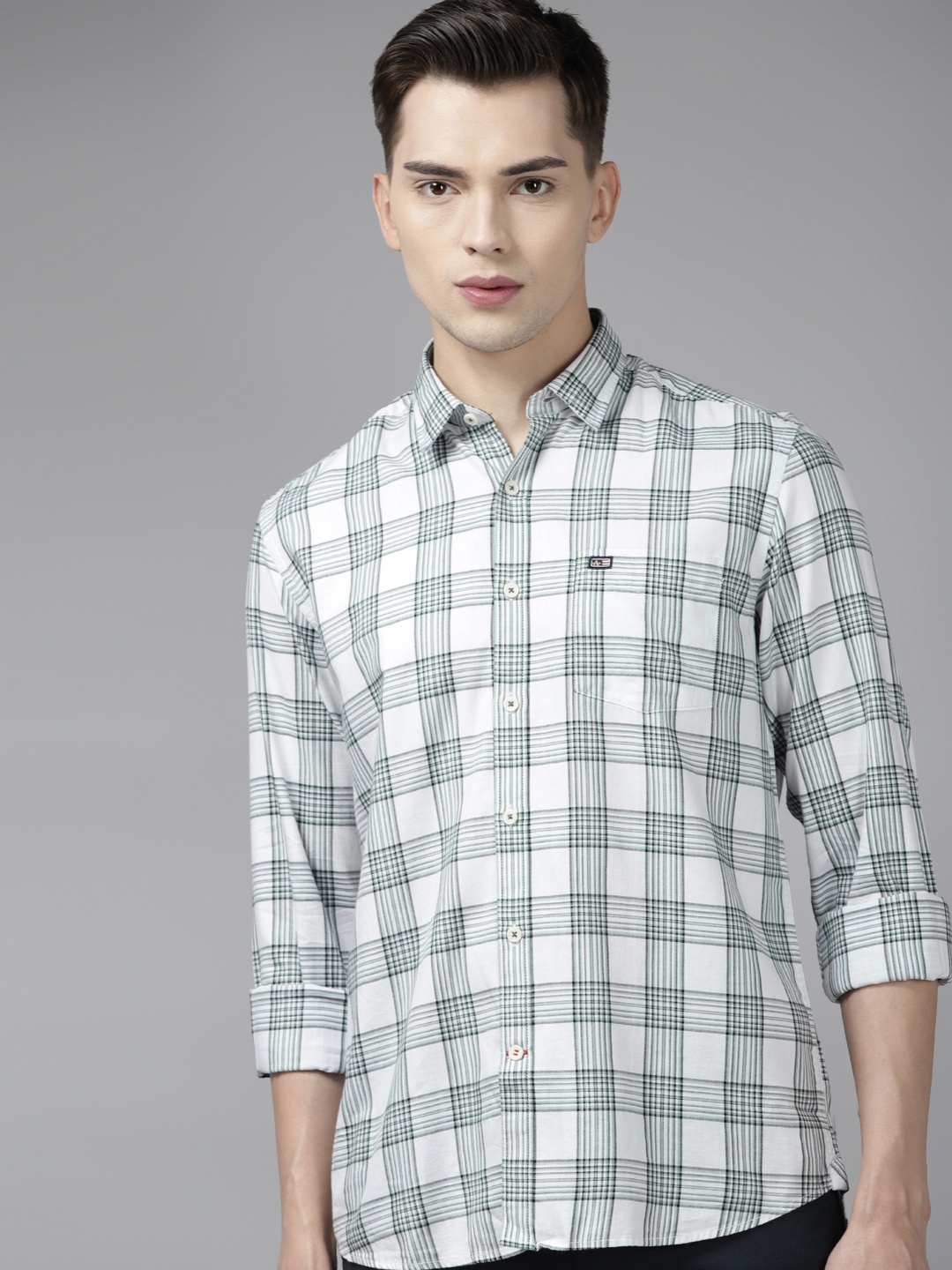 

Arrow Men White & Green Slim Fit Tartan Checked Pure Cotton Shirt