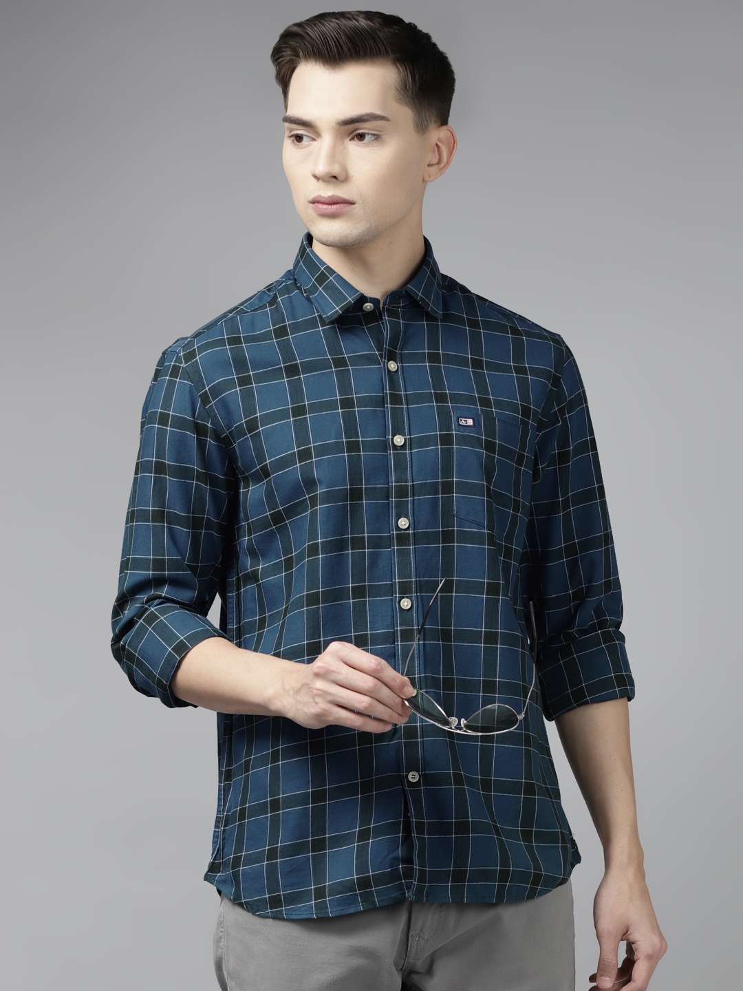 

Arrow Men Teal Blue & Green Slim Fit Windowpane Checked Pure Cotton Shirt