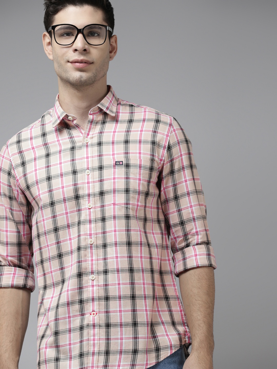 

Arrow Men Beige & Black Slim Fit Tartan Checked Pure Cotton Shirt