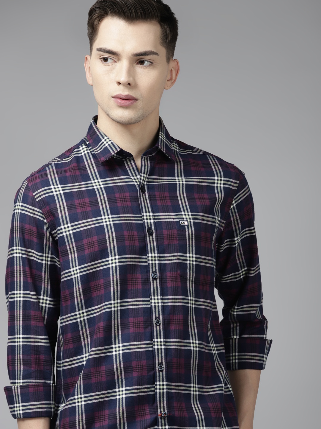 

Arrow Men Navy Blue & Purple Slim Fit Tartan Checked Pure Cotton Shirt