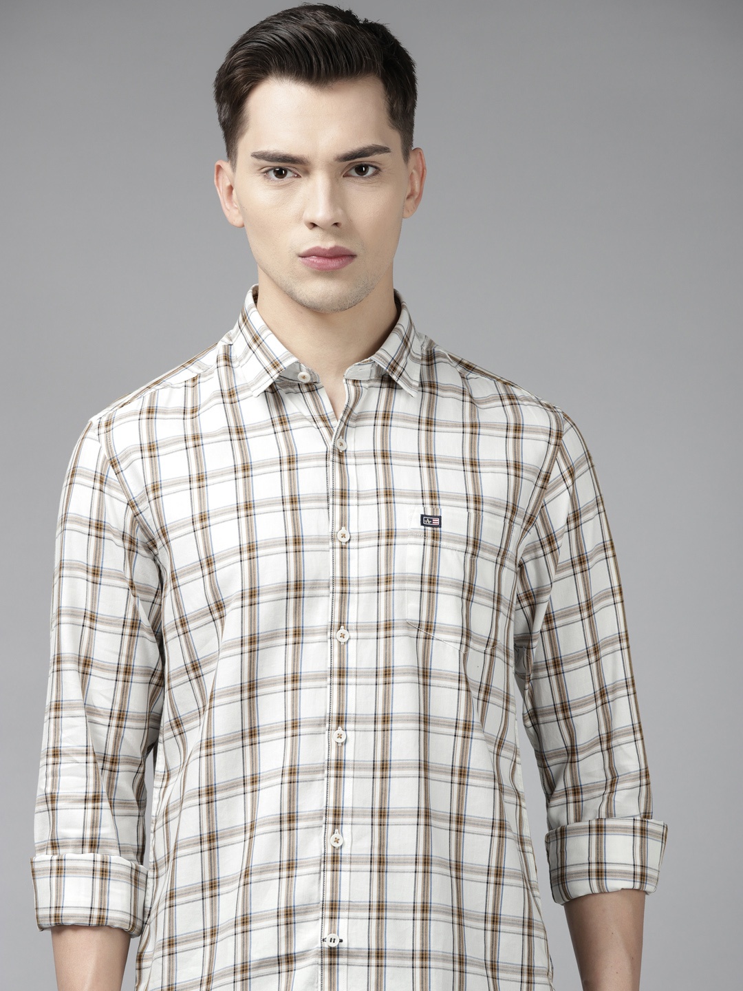 

Arrow Men White & Brown Slim Fit Tartan Checked Pure Cotton Shirt