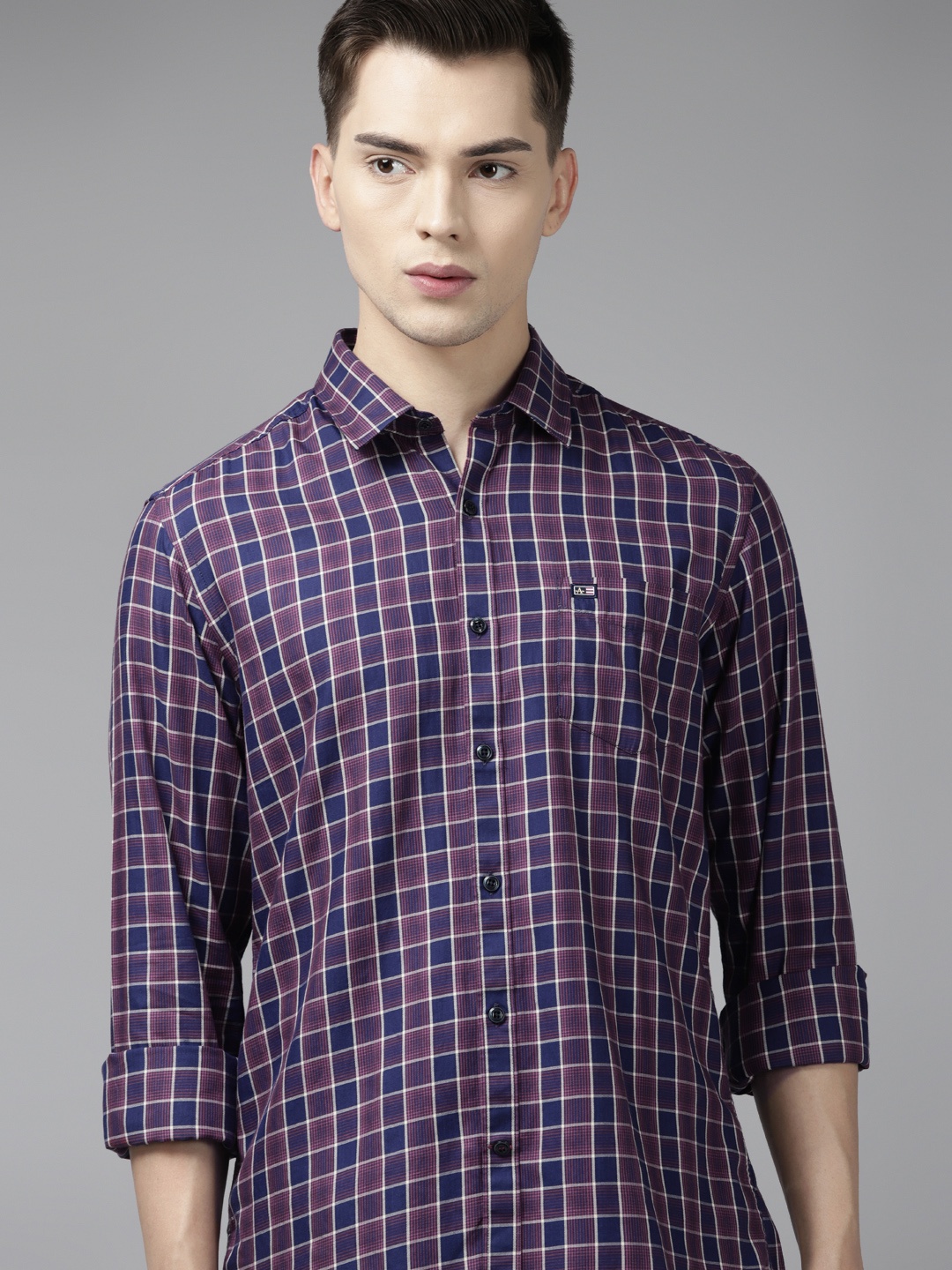 

Arrow Men Navy Blue & Purple Slim Fit Tartan Checked Pure Cotton Shirt