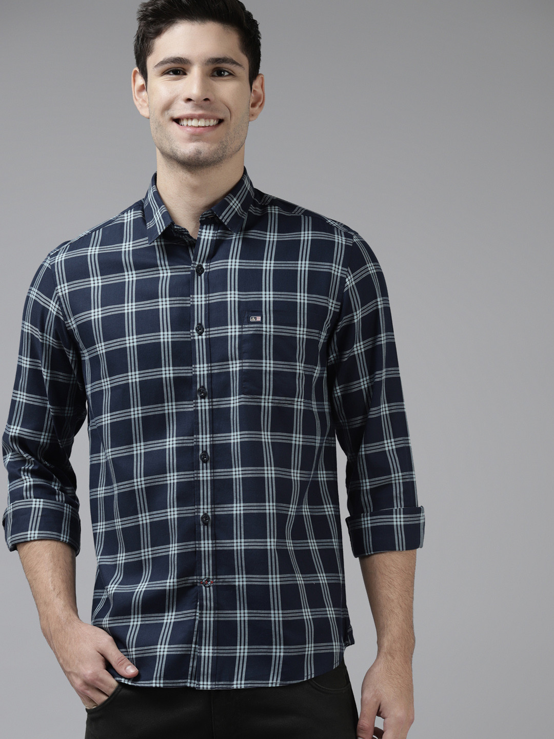 

Arrow Men Navy Blue Pure Cotton Slim Fit Checked Casual Shirt