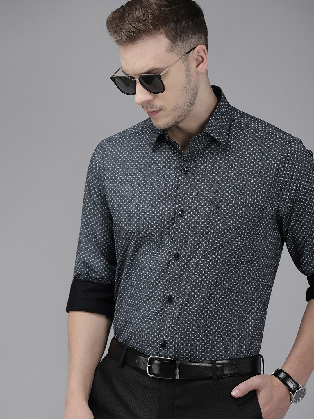 

Arrow Men Navy Blue Slim Fit Printed Pure Cotton Formal Shirt