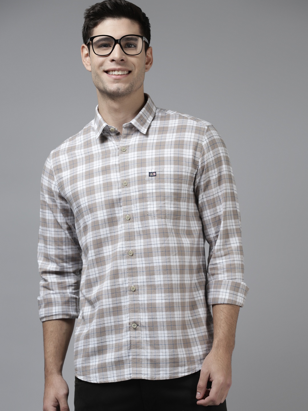 

Arrow Men Beige & Blue Cotton Manhattan Slim Fit Tartan Checks Casual Shirt