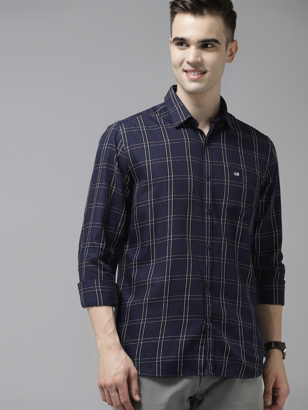 

Arrow Men Navy Blue & White Cotton Checked Slim Fit Casual Shirt