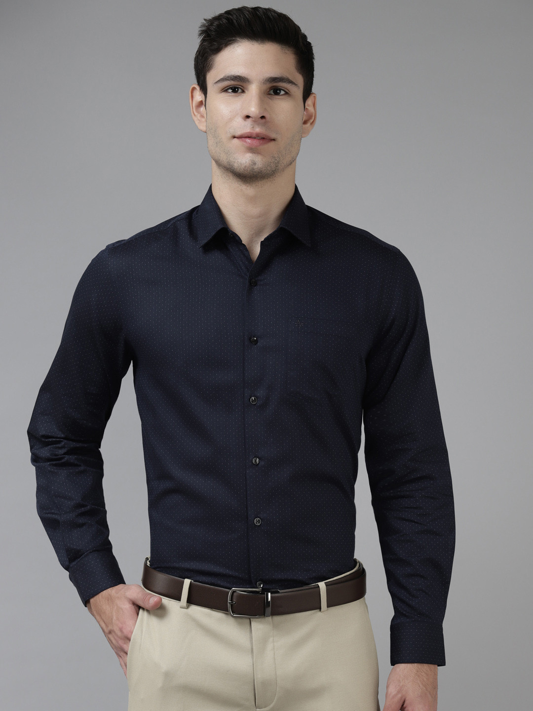 

Arrow Men Navy Blue Pure Cotton Self-Design Slim Fit Formal Shirt