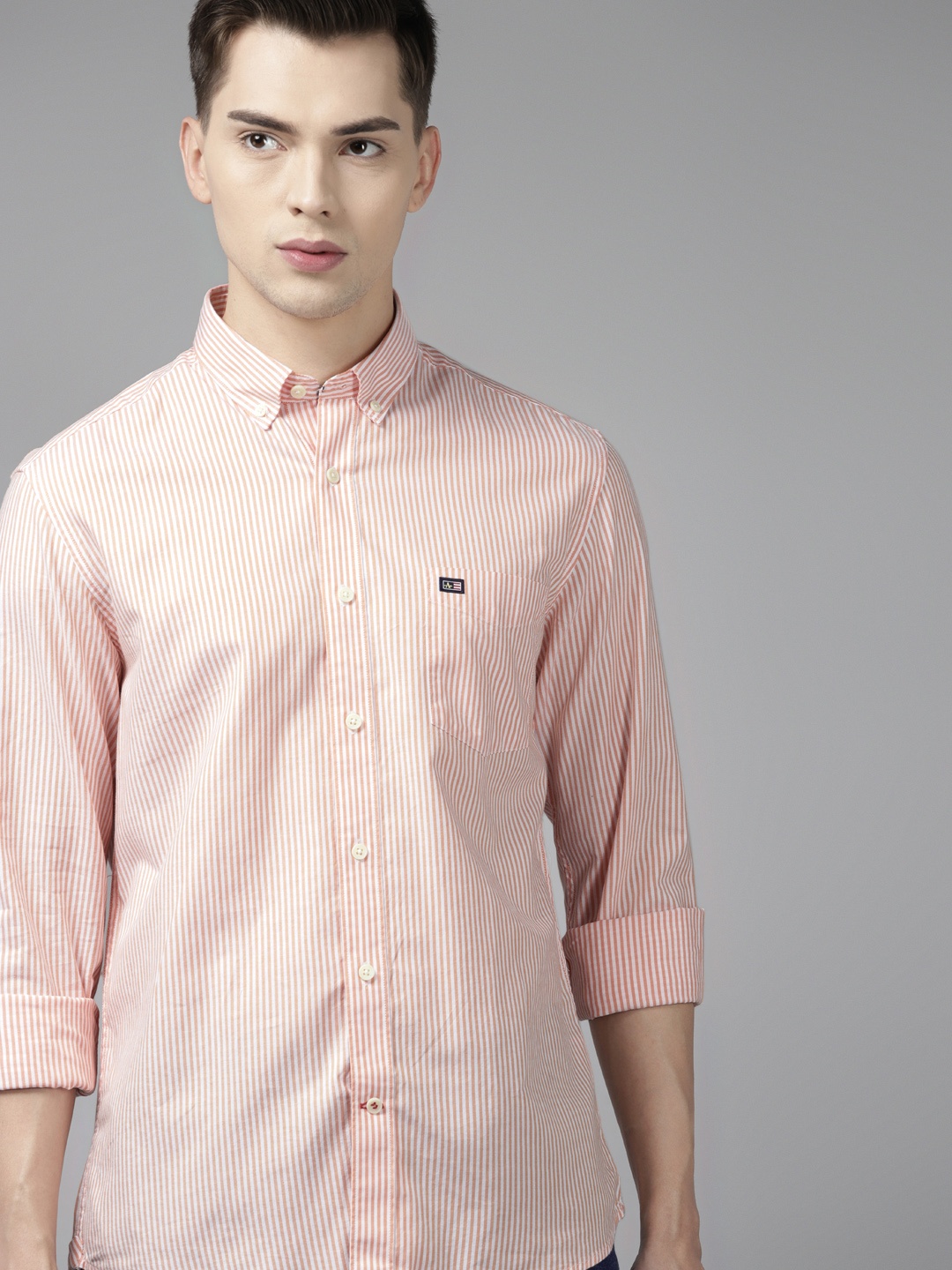 

Arrow Men Orange & White Pure Cotton Slim Fit Striped Casual Shirt