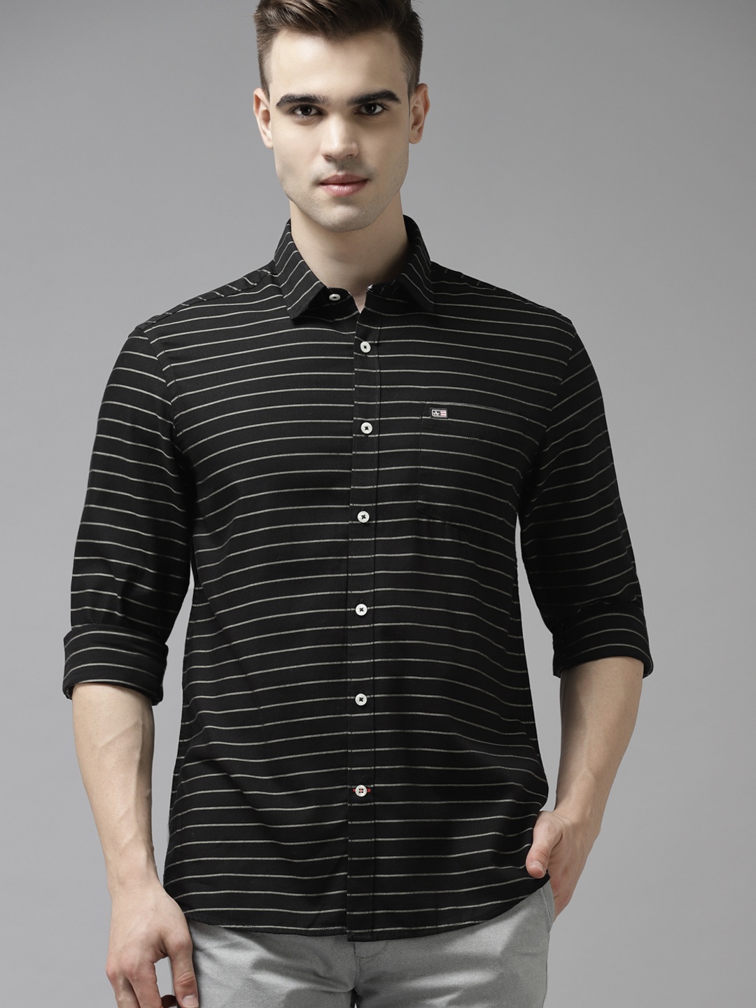

Arrow Men Black Pure Slim Fit Horizontal Stripes Striped Casual Shirt