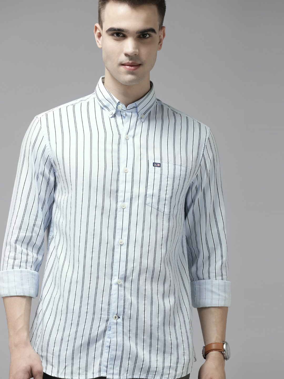 

Arrow Men Blue & Black Slim Fit Striped Casual Shirt
