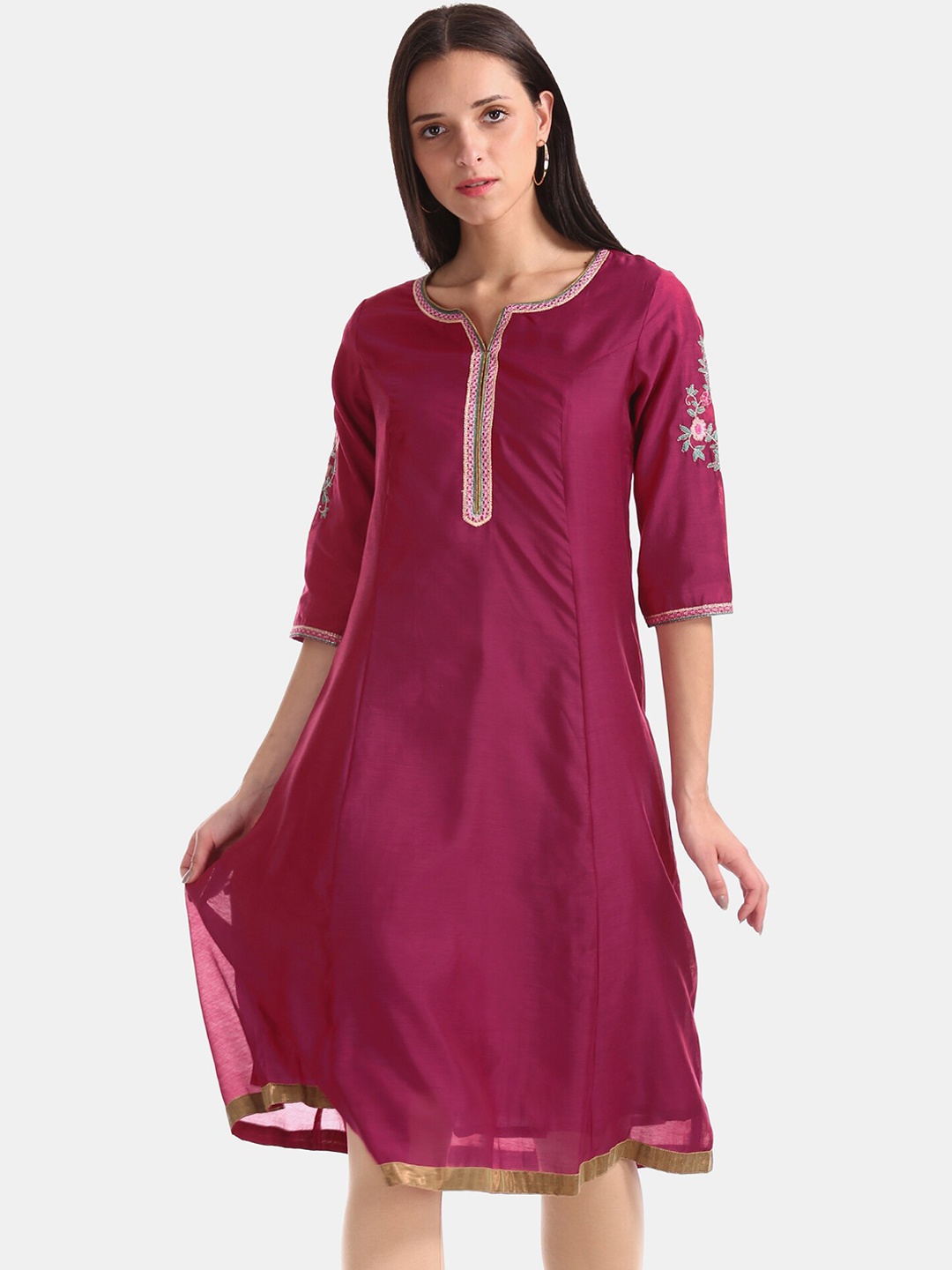 

Anahi Women Pink & Green Embroidered Patchwork A-line Kurta