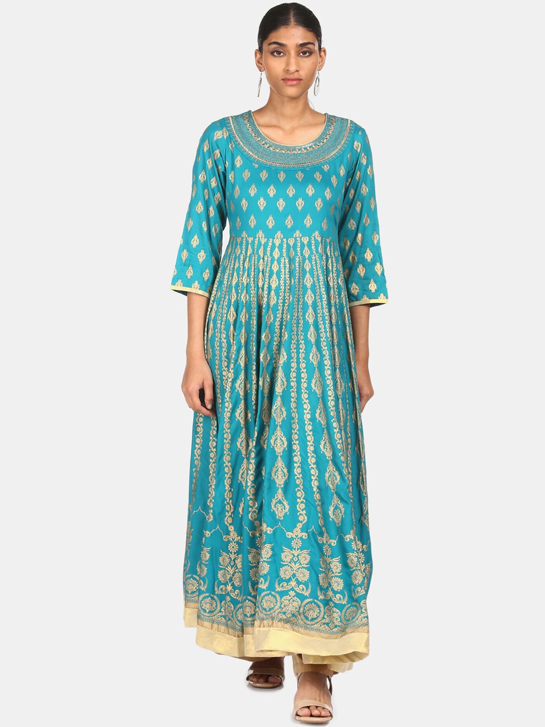 

Anahi Women Blue & Gold-Toned Ethnic Motifs Foil Printed Anarkali Kurta