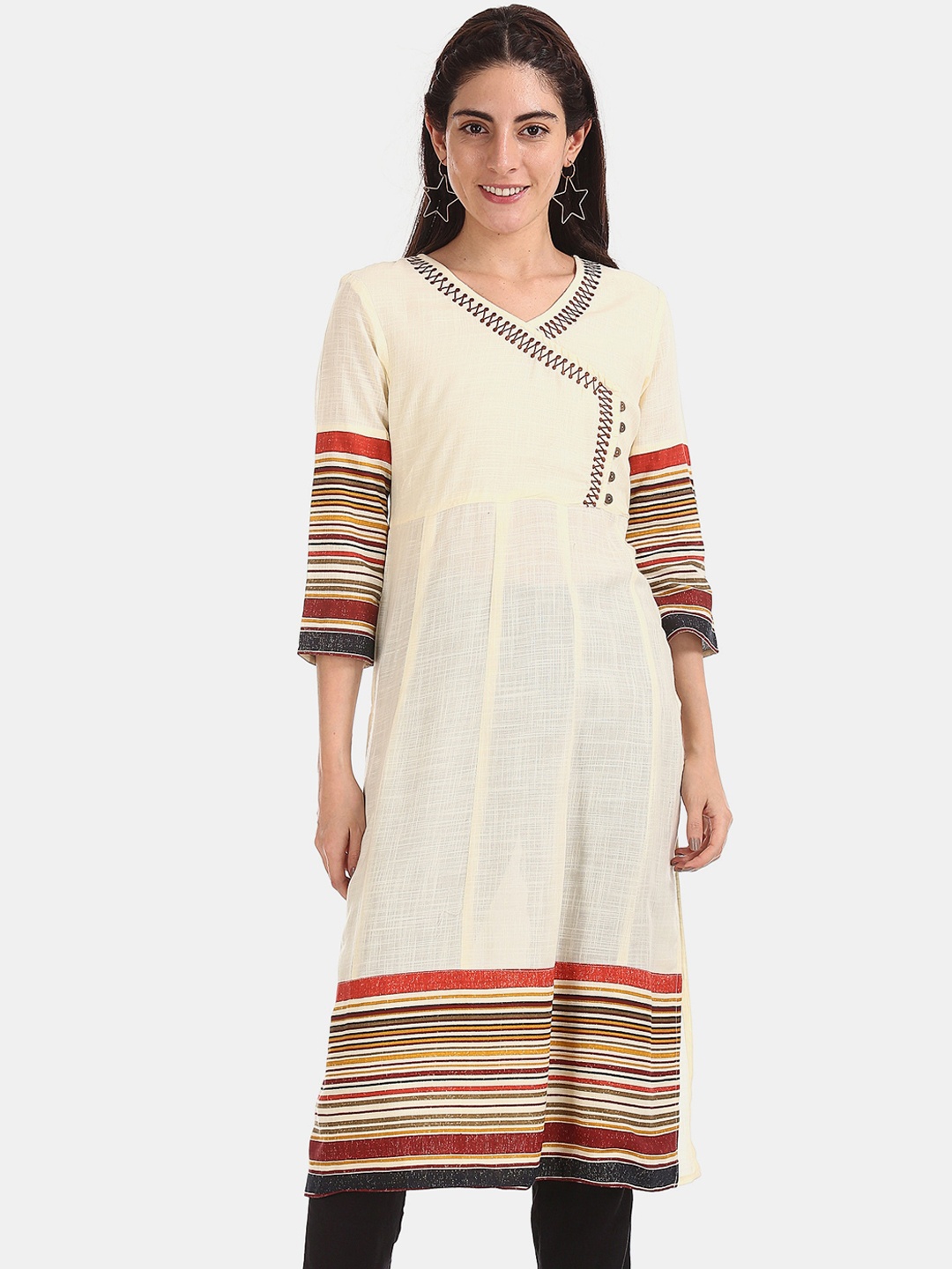 

Anahi Women Cream-Coloured & Red Striped Anarkali Kurta