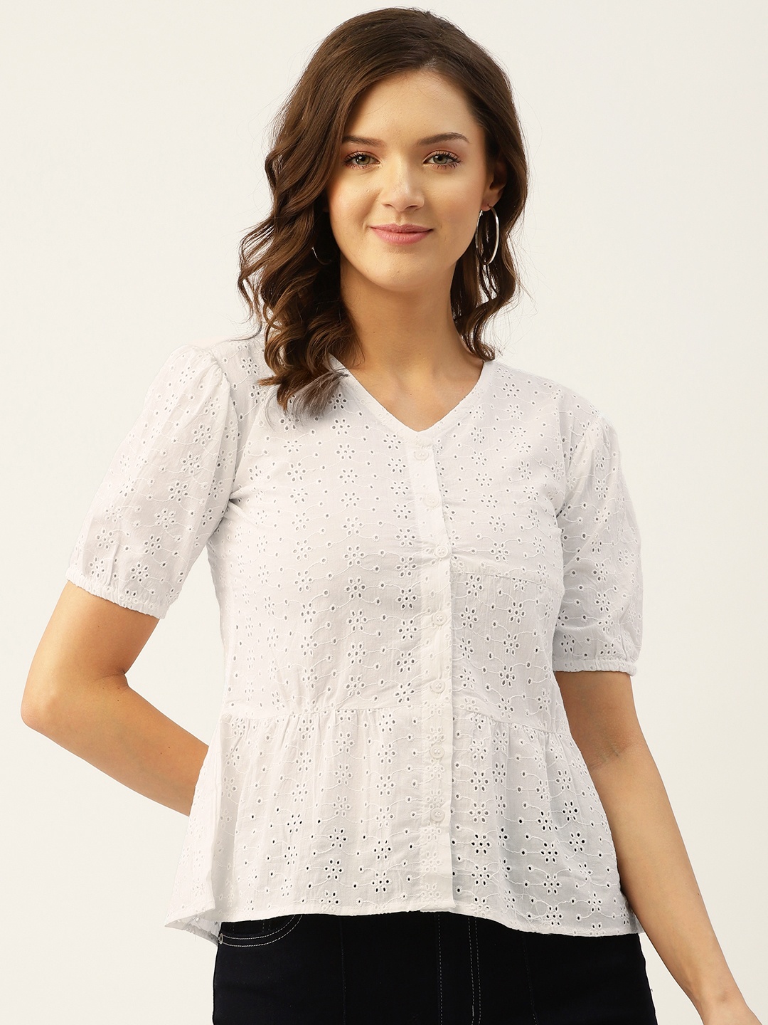

Marc Loire White Cotton Peplum Schiffli Top