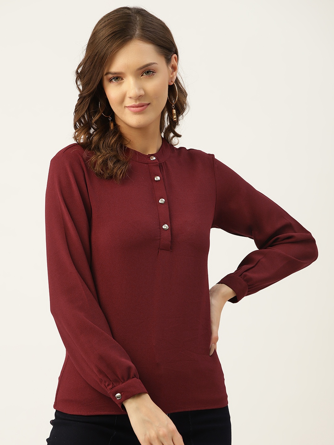 

Marc Loire Maroon Mandarin Collar Crepe Regular Top