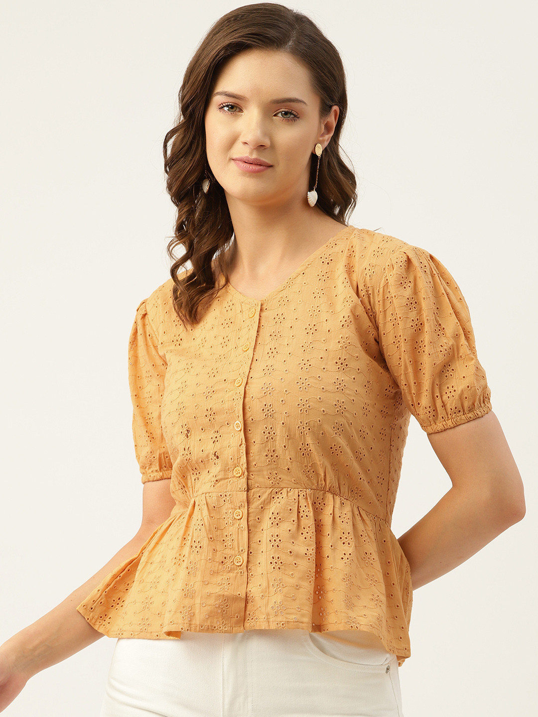 

Marc Loire Mustard Yellow Cotton Schiffli Embroidered Peplum Top