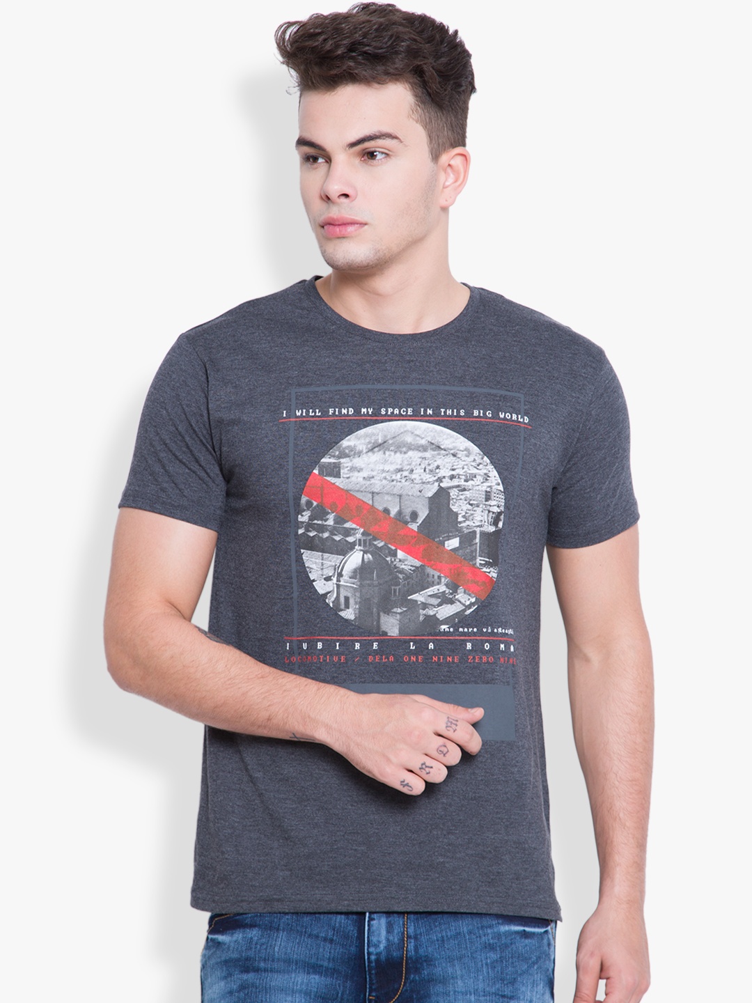 

LOCOMOTIVE Men Black Printed Round Neck Slim Fit T-Shirt