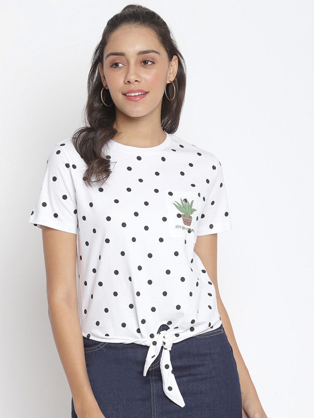 

Marc Loire Women White Polka Dots Printed Monochrome T-shirt with Tie-Up