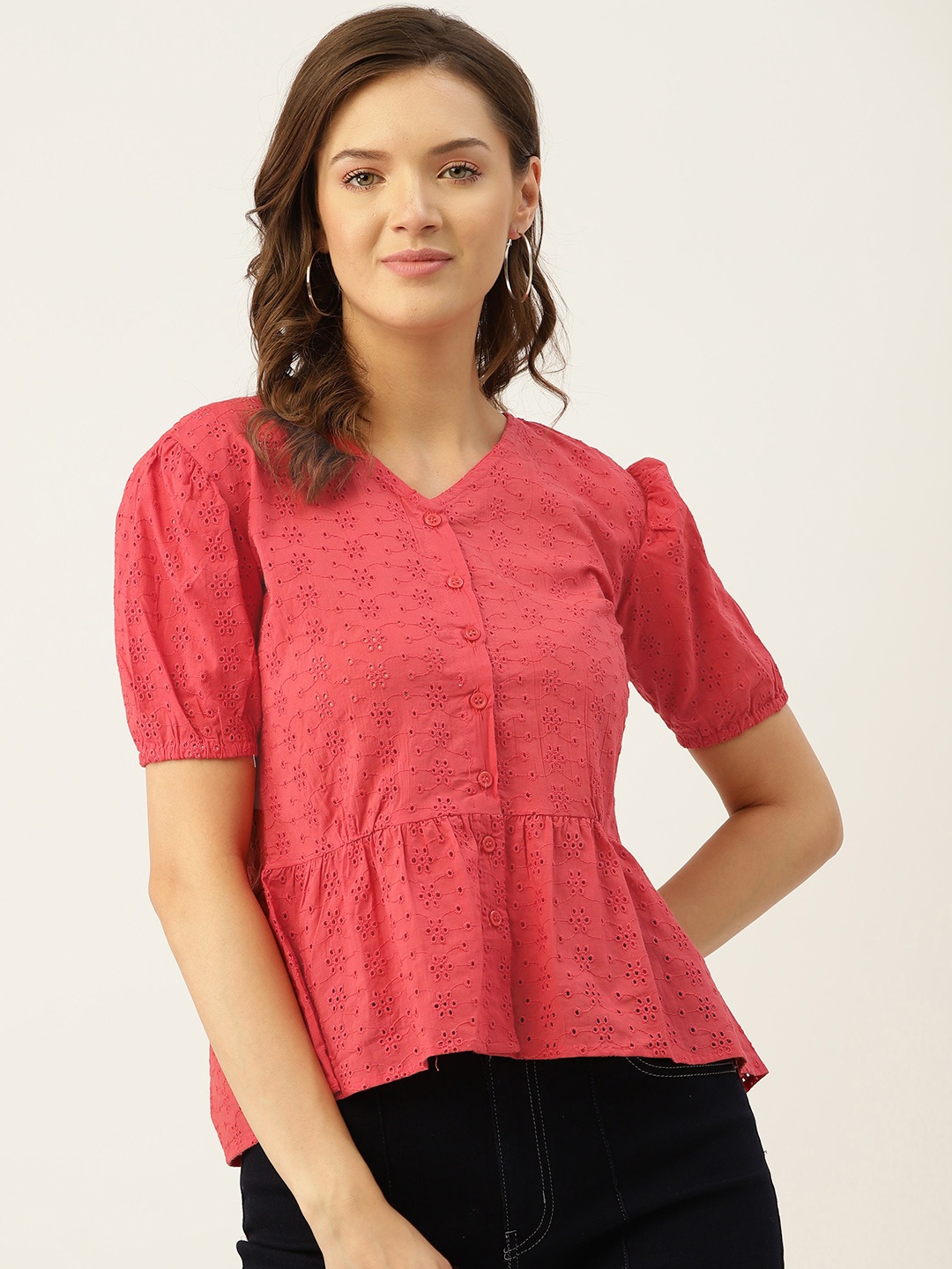 

Marc Loire Women Coral Red Schiffli Embroidered Cotton A-Line Top