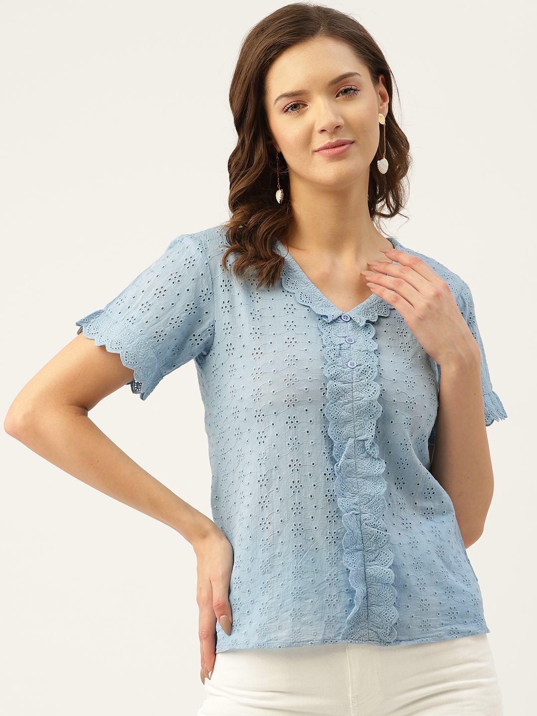 

Marc Loire Blue Cotton Schiffli Top