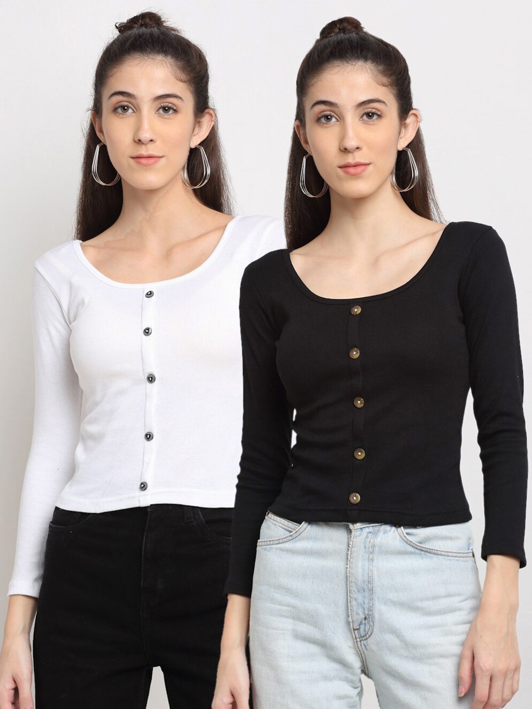 

Miaz Lifestyle Pack Of 2 Black & White Solid Regular Top