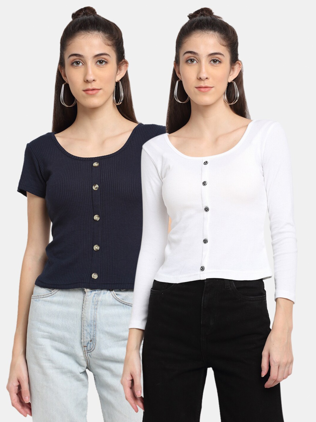 

Miaz Lifestyle Women Pack Of 2 White & Navy Blue Solid Regular Tops