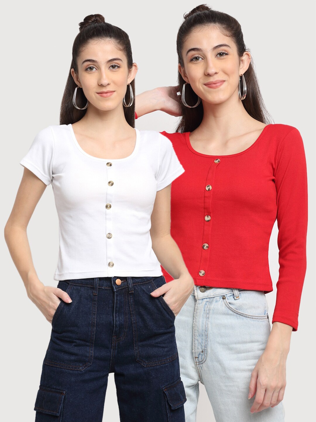 

Miaz Lifestyle Women Set of 2 Red & White Solid Scoop Neck Regular Top