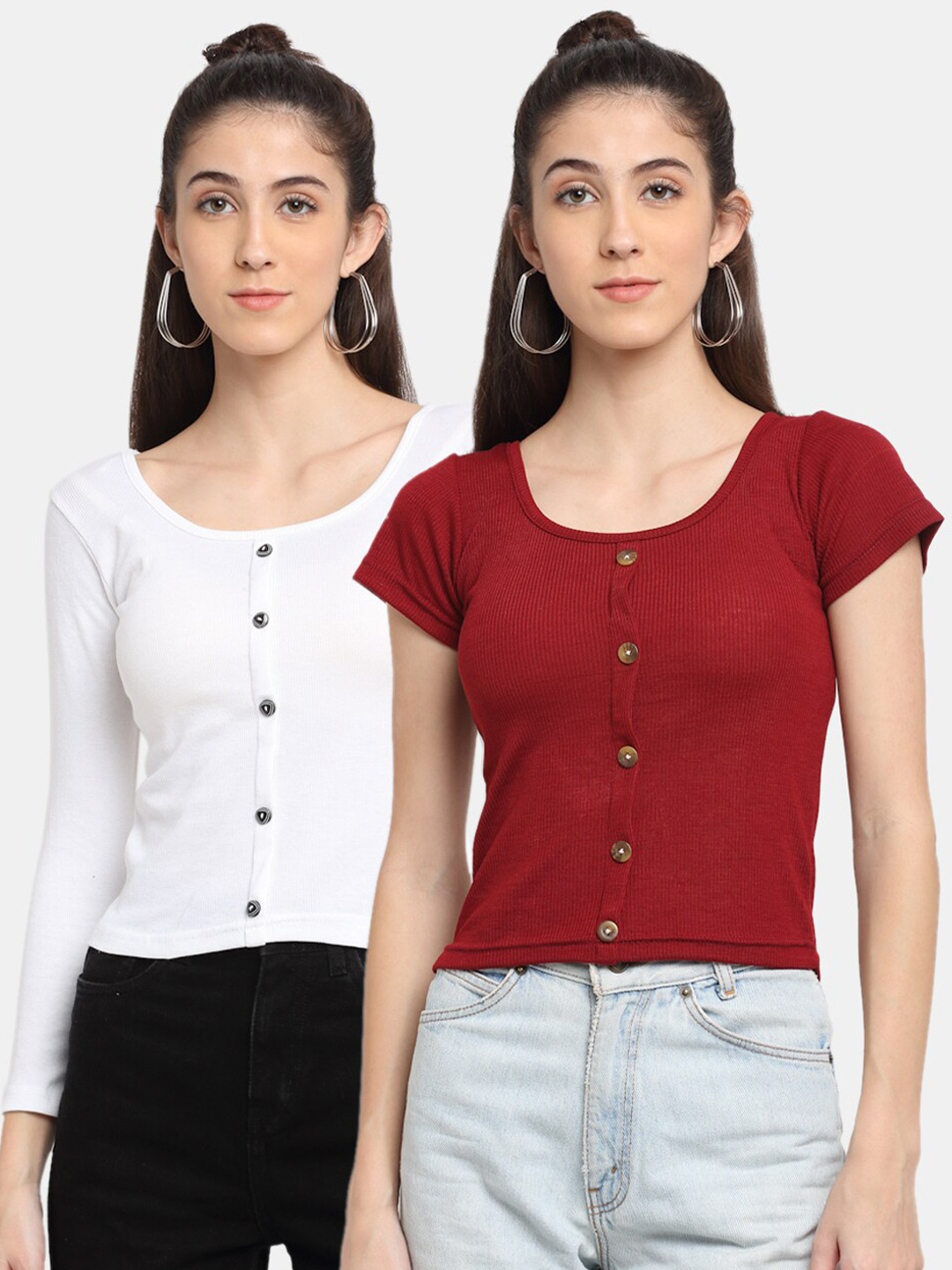 

Miaz Lifestyle Women Pack Of 2 Maroon & White Solid Top