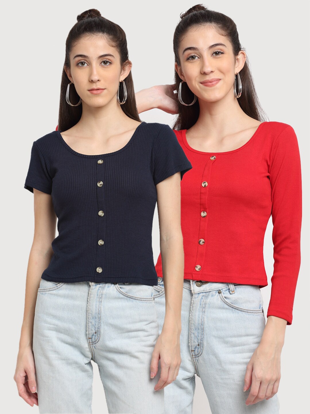 

Miaz Lifestyle Pack Of 2 Navy Blue & Red Solid Regular Top