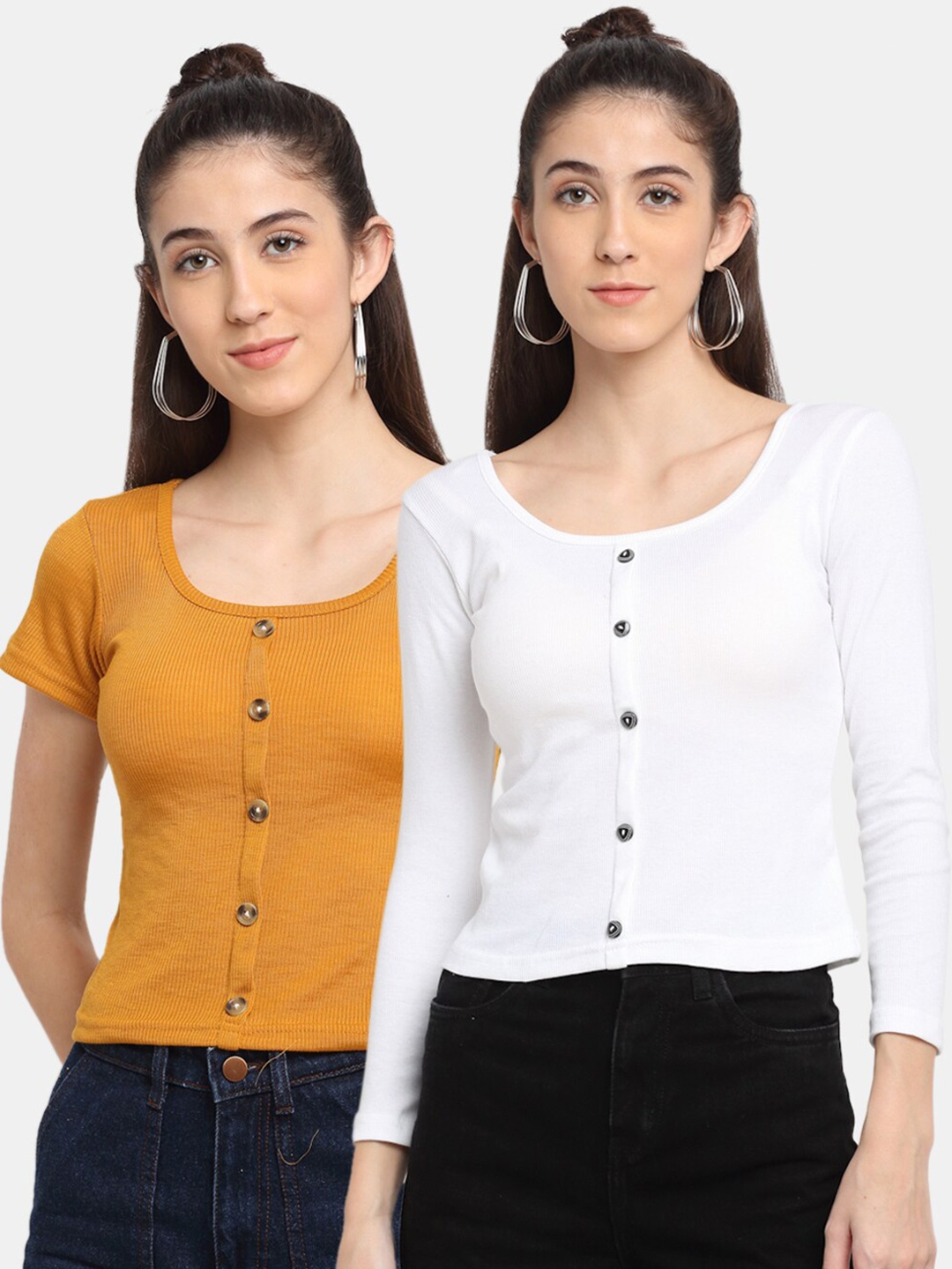 

Miaz Lifestyle Mustard Yellow & White Regular Top