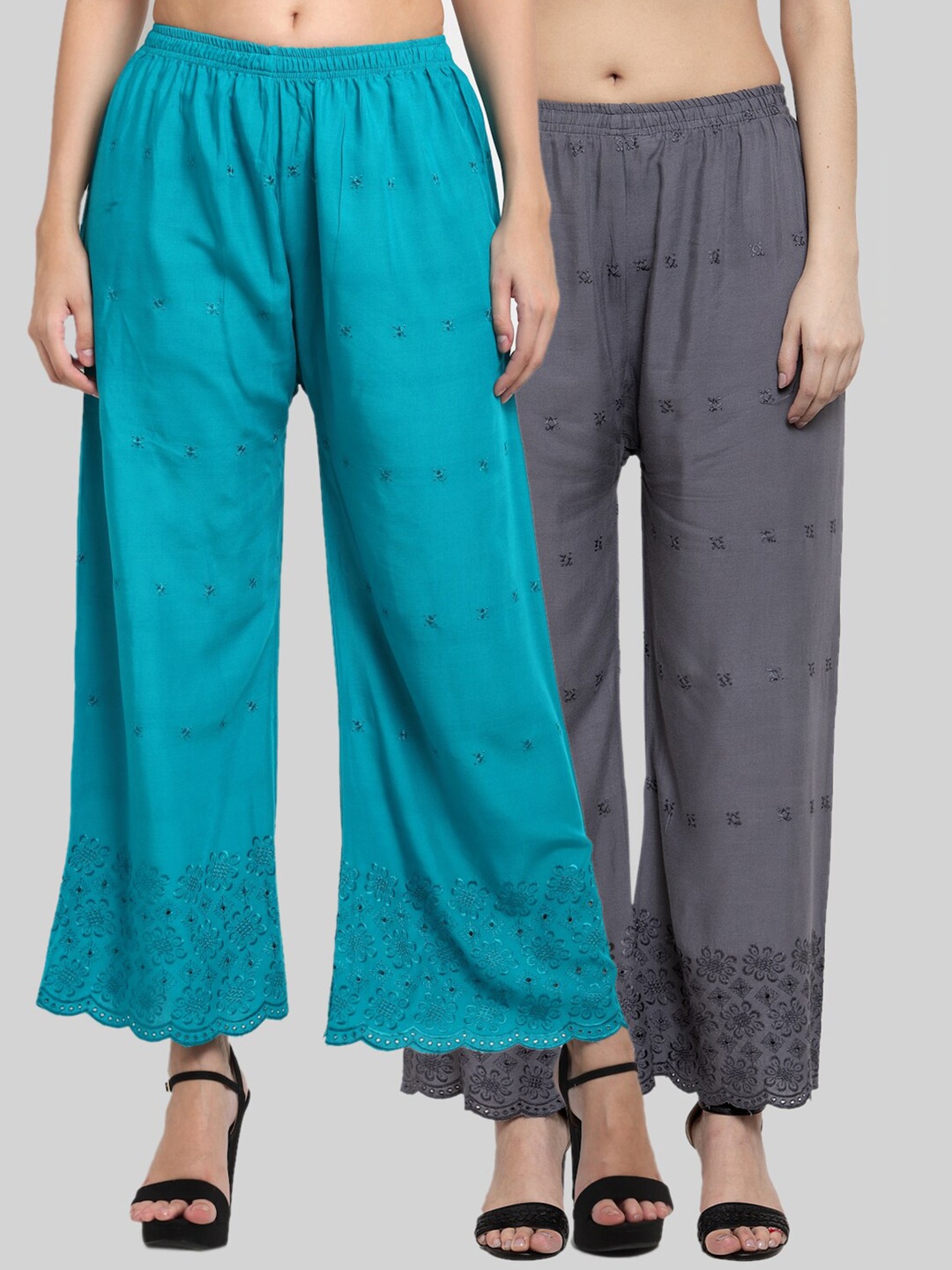 

Miaz Lifestyle Women Set Of 2 Grey & Blue Floral Embroidered Handloom Palazzos