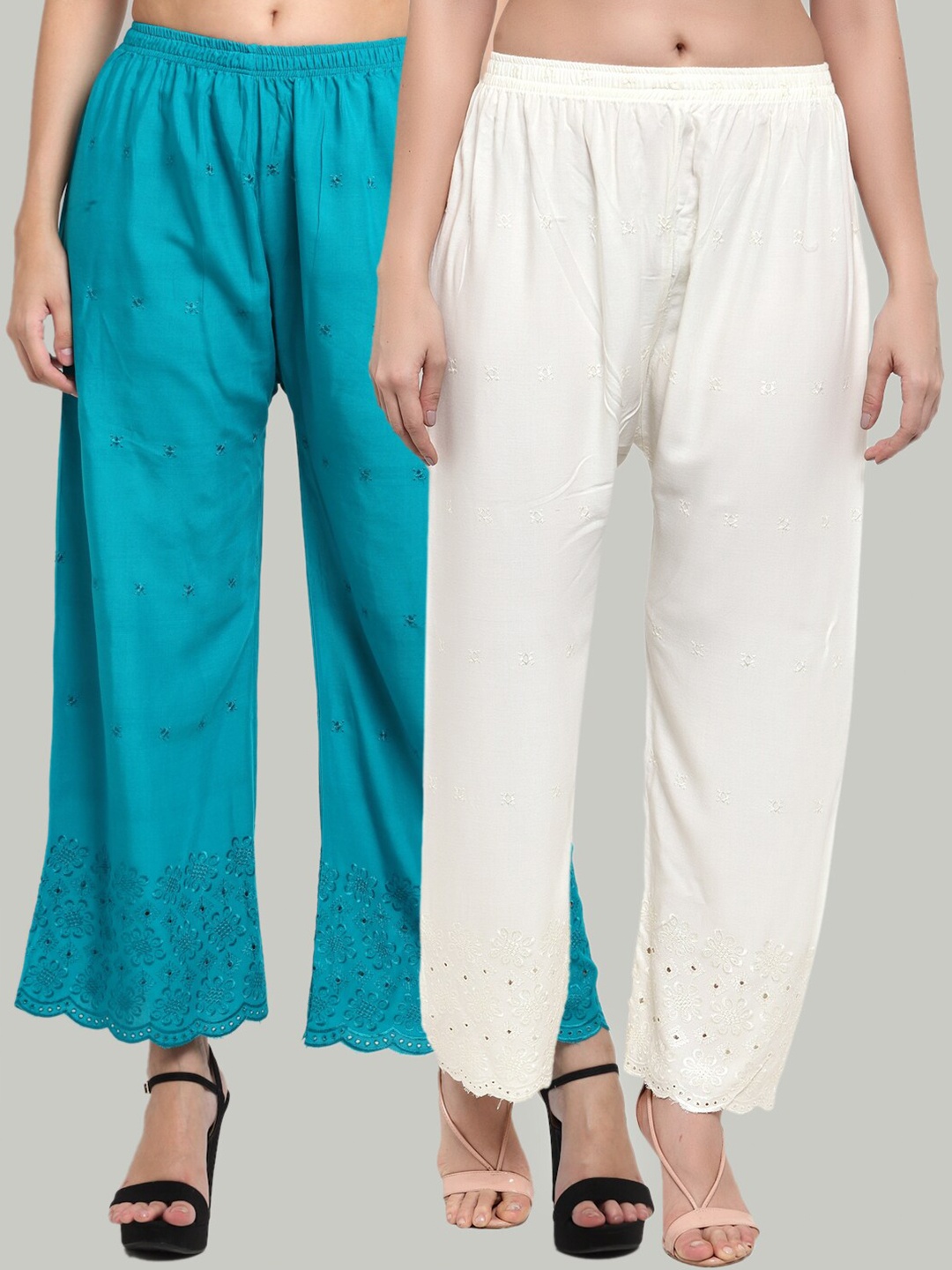 

Miaz Lifestyle Women Pack of 2 Turquoise Blue & White Floral Embroidered Palazzos