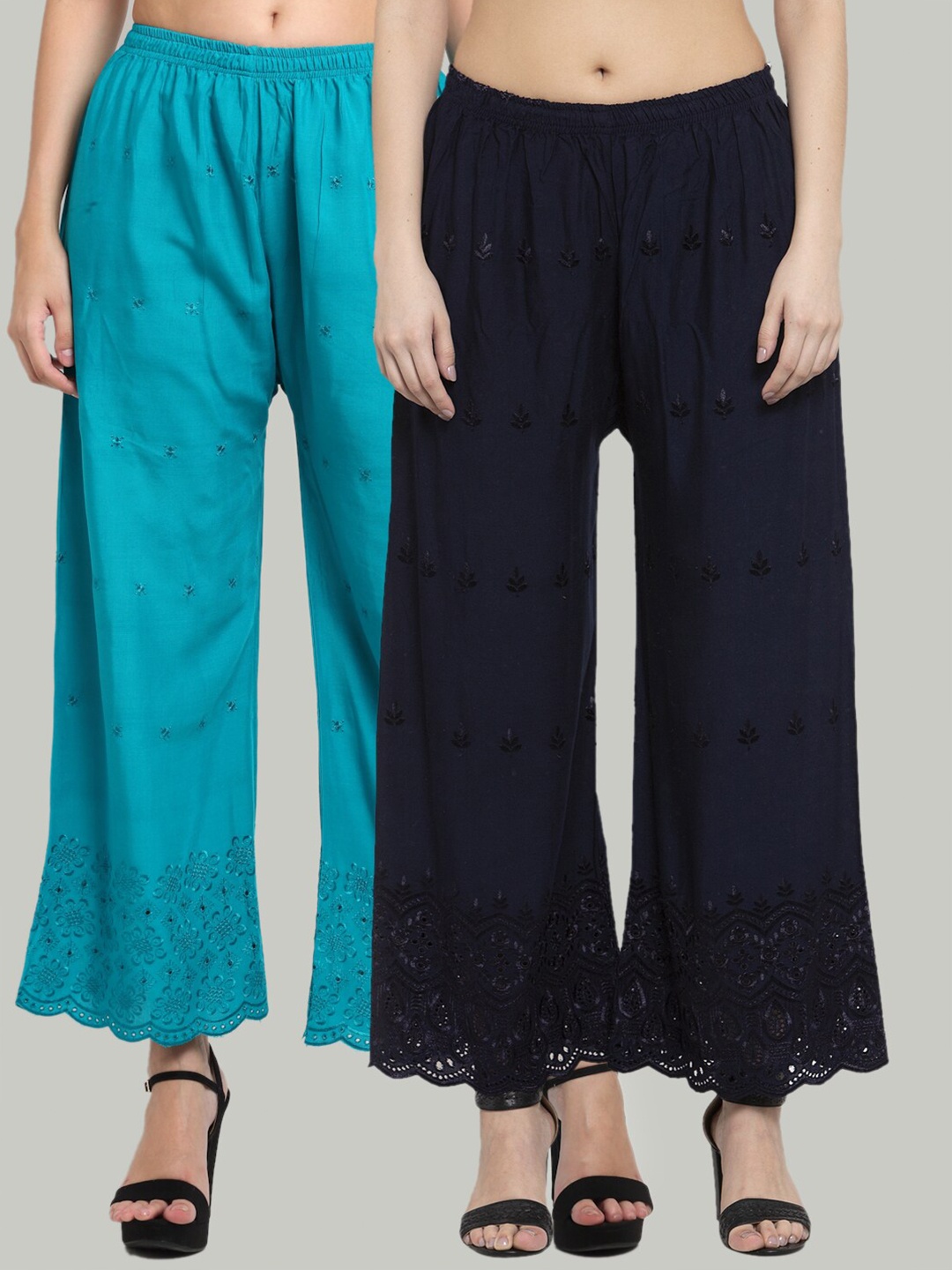 

Miaz Lifestyle Women Pack of 2 Black & Blue Floral Embroidered Palazzos