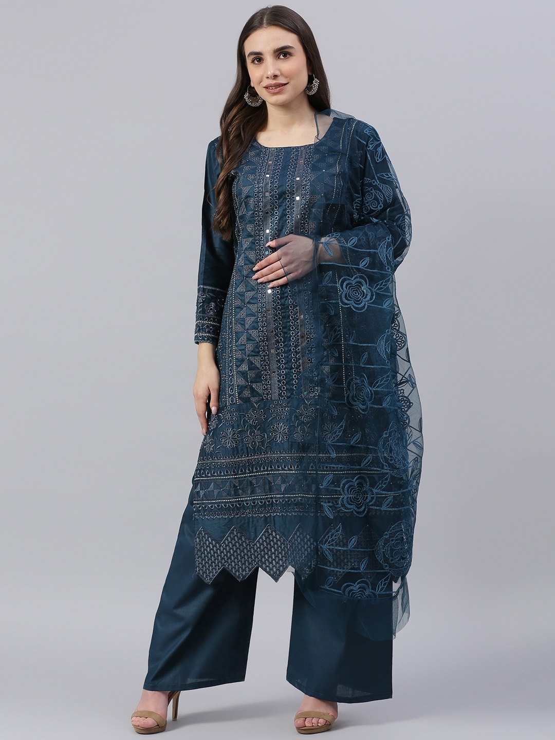 

Readiprint Fashions Teal Embroidered Pure Cotton Unstitched Dress Material