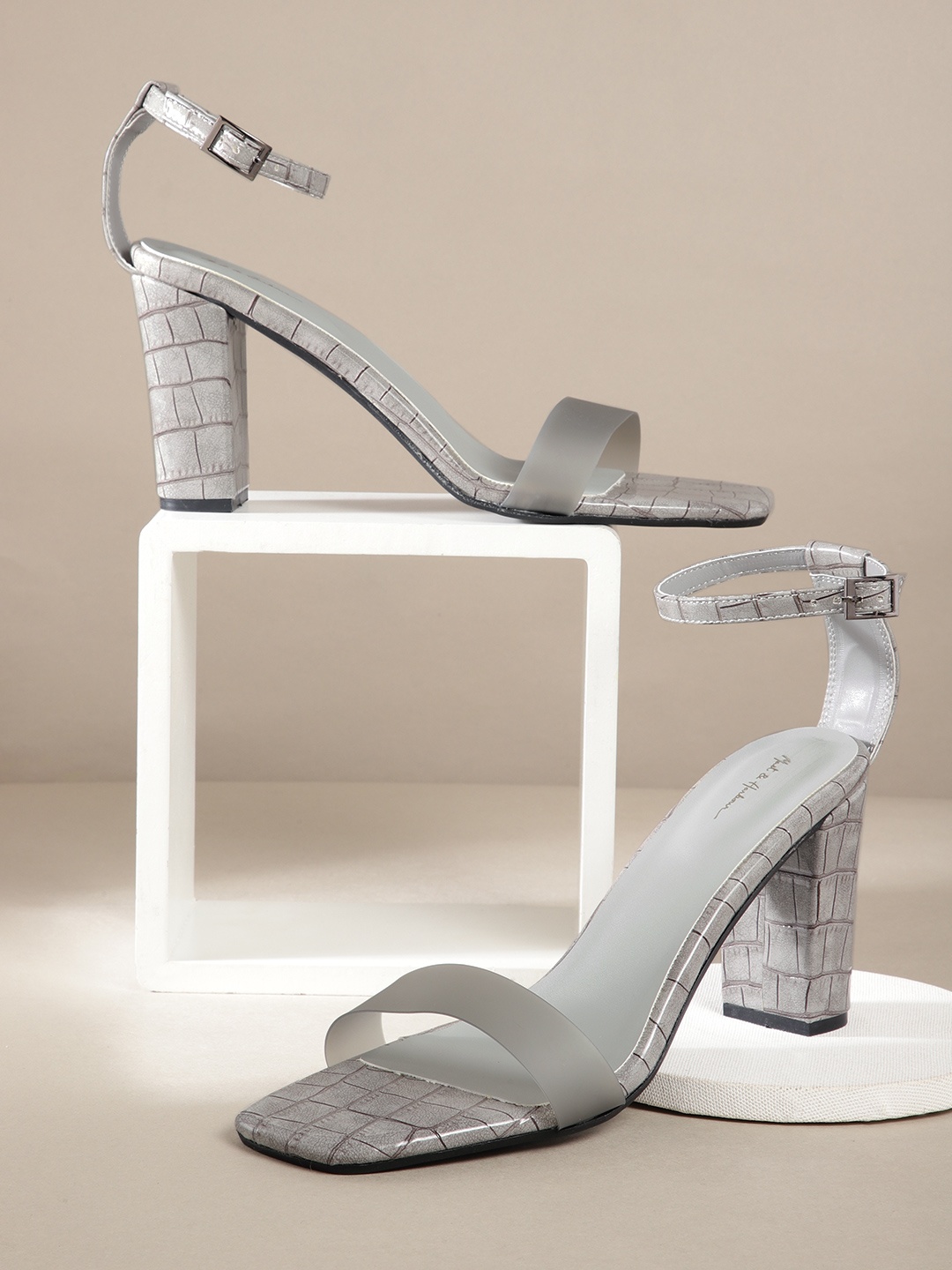 

Mast & Harbour Grey Textured Ankle Loop Block Heels