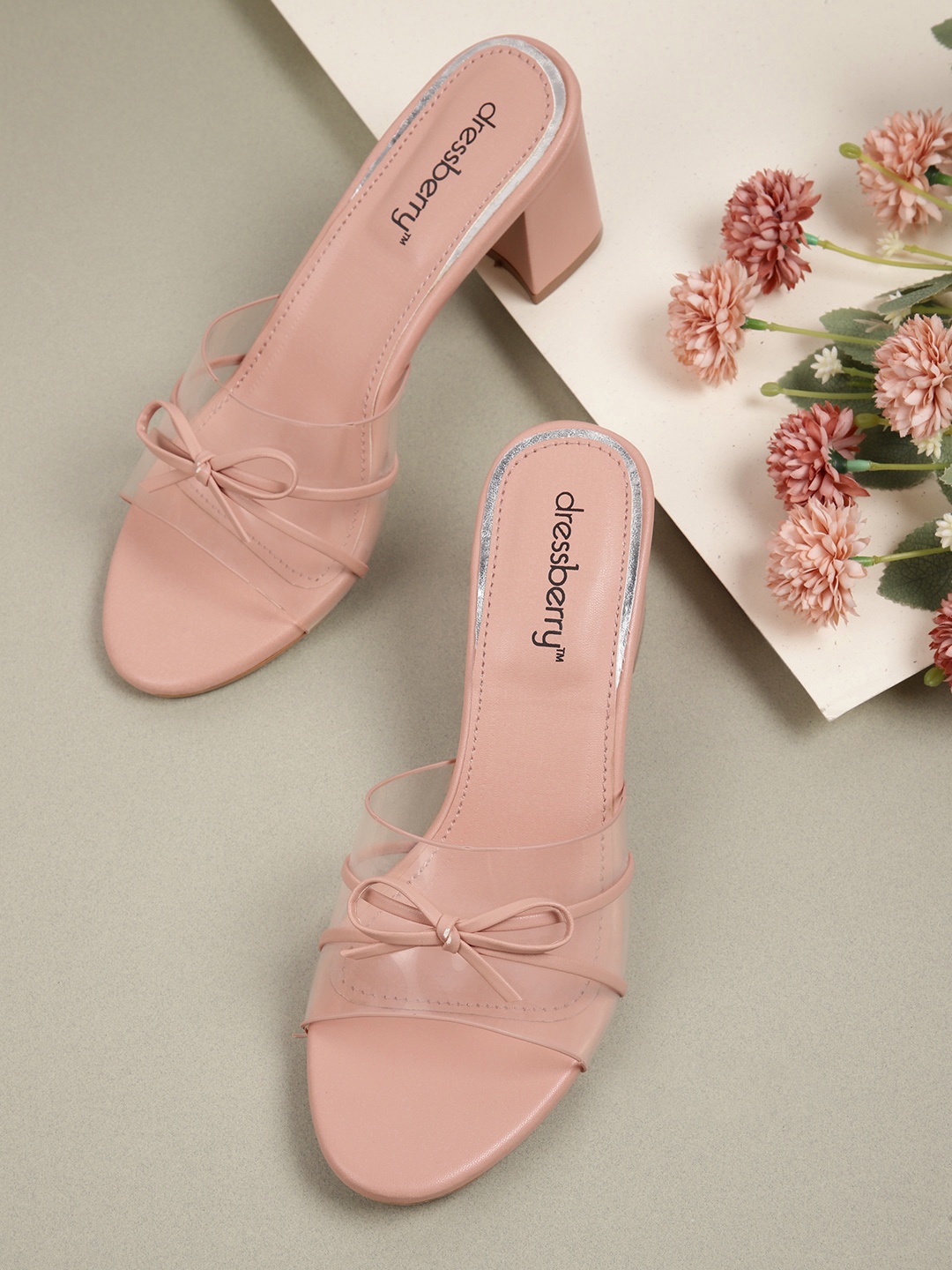 

DressBerry Transparent & Peach-Coloured Striped Block Heels with Bows
