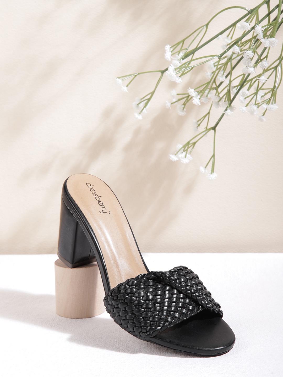 

DressBerry Women Black Woven Design Open Toe Heels